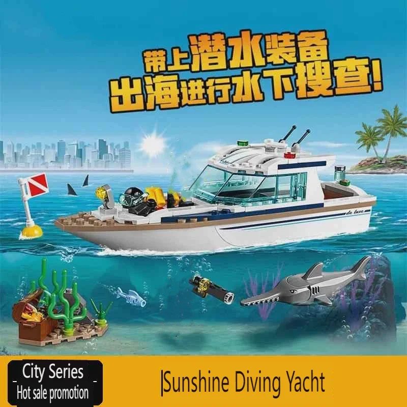 Model Kit Yacht - シティシリーズ 60221 サンシャインダイビングヨット シャークパズル 組み立てパトロールオーシャンボートモデル ビルディングブロックおもちゃ